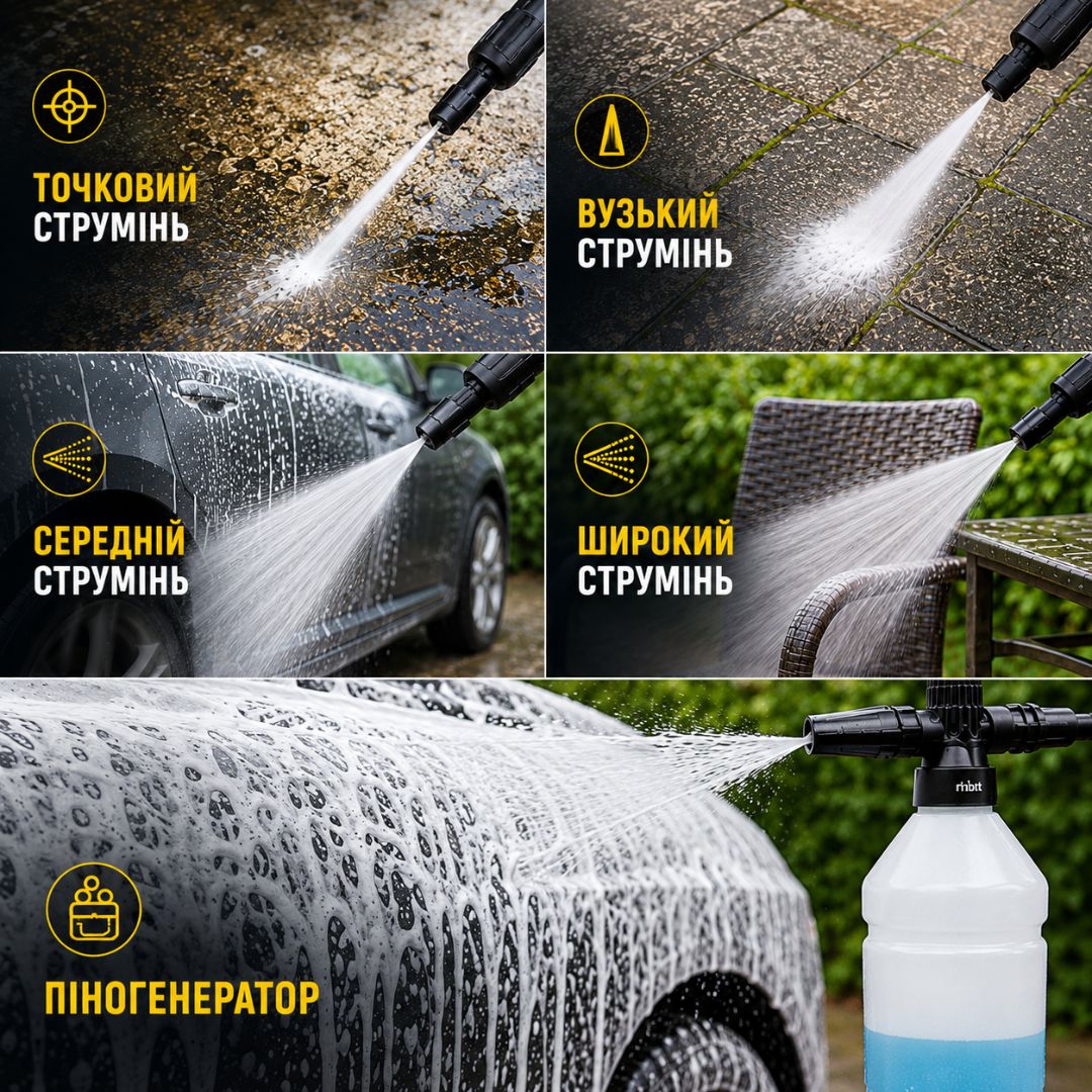 Демонстрація різних режимів струменя води мийки SOARFLY